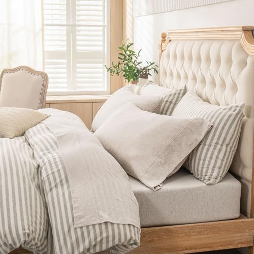PURE ERA Jersey Knit 4pc Bed Sheet Set 100% T-Shirt Heather Cotton Super Soft Comfy Breathable Fits Mattress Up to 20 Extra Deep Pocket (Heather Beige King)