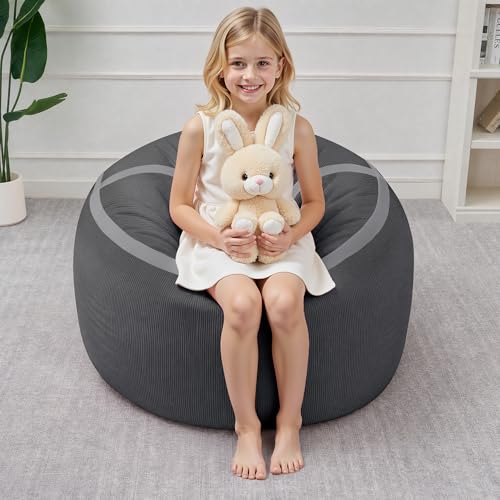 Image of 2FT Bean Bag Chair 2'Bean Bag Chairs with Memory Foam Filled Small Bean Bag | Bean bags with Washable Cover Fine Corduroy Fabric, Comfy Chairs for Living Room Bedroom Dorm, Darkgrey with Linghtgrey