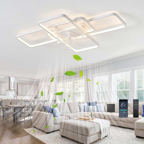GWYAJTU 120W Grande Lampadario Con Ventilatore Da Soffitto Moderno LED Dimmerabile Reversibile 6 Velocità Timer Ventilatore Da Soffitto Con Luce Silenzioso Per Salotto Camera Da Letto-White||102cm