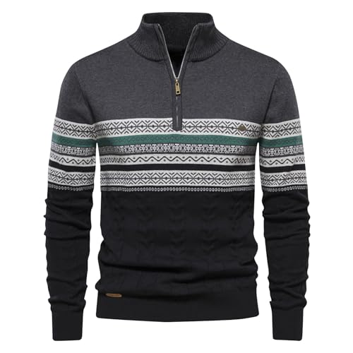 Men's Tribal Aztec Ethnic Print Sweaters 1/4 Zip Cable Knit Sweater Pullover Fall Winter Vintage Warm Polo Sweatshirt