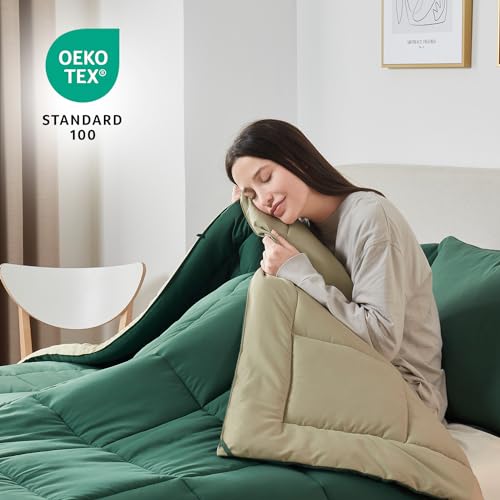 Image of Nestl 3 Piece Quilted Down Alternative Comforter Oversized King Size with 2 Pillow Shams, All Season Green /Light Green Duvet Inserts with Corner Tabs