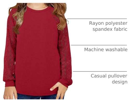 Image of Yoklass Girls Long Sleeve Shirts Kids Lace Casual Cute Crew Neck Top Sizes 5-14 Years