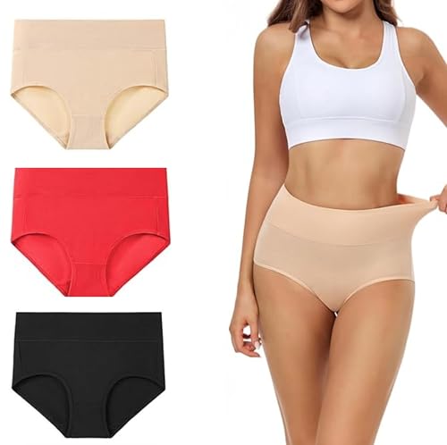 Image of GLAMORAS Women's Cotton High Waist Full Coverage Panty Set, Size M-XXL (Pack of 3 Panty) | High Rise Seamless Brief Panties for Women | Cotton Soft Tummy Support Underwear Panties for Women Combo Set