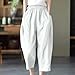 Summer Fashion Womens Cotton Linen Bottoms Solid Patchwork Elastic Pants with Pockets Straight Wide Leg Loose Trousers White