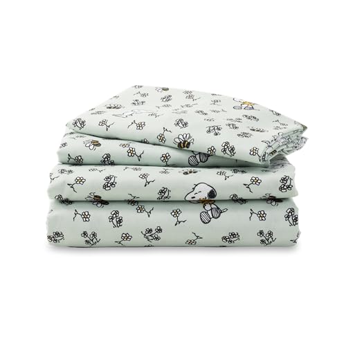 Berkshire Peanuts Sheet Set Full Size - 4 Pieces Cute Character Snoopy Printed Soft Microfiber Bed Sheets Mini Snoopy & Woodstock New Flower and Bees Sage