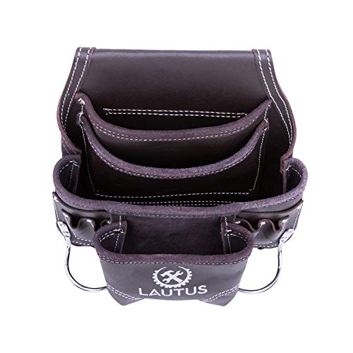 Image of LAUTUS Oil Tanned Leather Tool Pouch Bag | Carpenter, Construction, Framers, Handyman | 10 Pockets, 2 Hammer Holders | 100% Leather Dark Brown