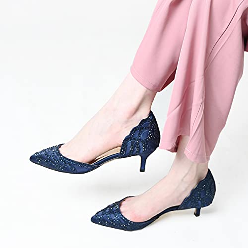 Image of XYD Women's Pumps, Elegant Pointed Toe, D'Orsay Kitten Low Heels, Rhinestone Studs, Slip-On Satin Shoes for Wedding