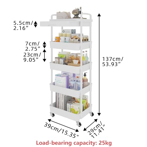 Image of Calmootey 5-Tier Utility Cart with Drawer & Wheels, Storage for Home,Office | Space-Saving Organizer, Sturdy Plastic Shelves, Smooth-Rolling Metal Wheels, Built-in Drawer for Small Items, White