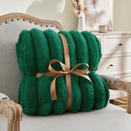Image of BEDELITE Faux Fur Throw Blanket for Couch, 770GSM, 60 inch x 80 inch, Dark Green | Soft and Cozy Luxurious 3D Striped Fluffy Blanket, Warm Plush Fuzzy Faux Rabbit Fur for Women Gift, Stylish Room Decor