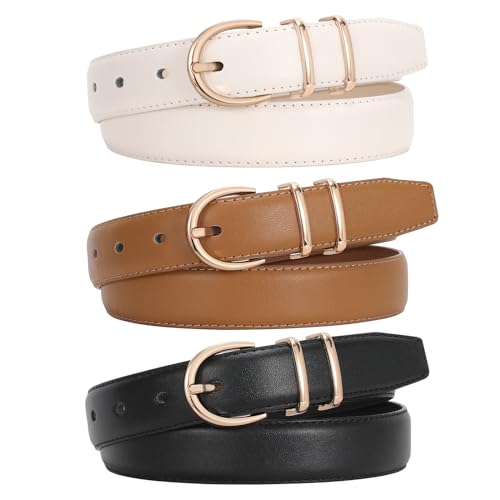 JASGOOD 3 Pack Women Leather Belt for Jeans Fashion Ladies Belts for Pants Dresses With Gold Buckle,Fit Size 47