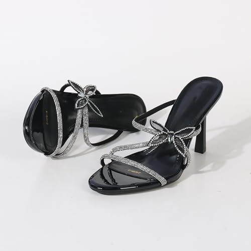 Women's Rhinestone Strappy Stiletto Slide Sandals Fashion Butterfly Decoration Slip-On Round Open Toe High Heels Summer Wedding Prom Dresses Mule Sandals4