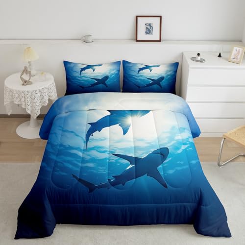 Ocean Themed Comforter Set Full, Boys Shark Bedding Comforter Sets, Marine Life Bedding, Underwater World Down Comforter, Blue Sea Wave Fish Decor Duvet Insert Soft Microfiber with 2 Pillow Cases