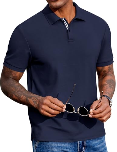 COOFANDY Mens Cotton Polo Shirt Cotton Pique Short Sleeves Collared Shirts Classic Fitted T-Shirt Navy Blue