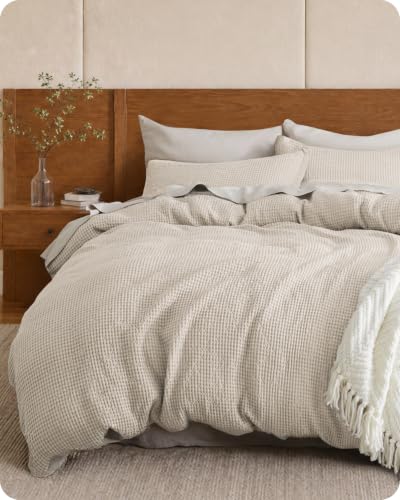 Image of Bedsure PureWoven 3 Pieces 100% Cotton Waffle Duvet Cover Set, Queen, Beige