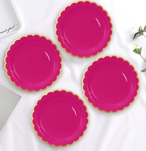 Image of HEIPINIUYE 50 Pieces Hot Pink Paper Plates with Gold Foil 9 Inch Disposable Pink Scalloped Dinner Plates for Wedding Baby Shower Birthday Party Dessert Plate