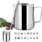 Brocca per latte in acciaio inox 304, 350 ml/12 oz per cappuccino, spargicacao a velo con 16 stencil e 1 ago in acciaio, argento