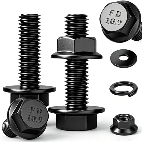 Image of 20 Set M6-1.0 x 30mm Flanged Hex Head Bolts,Flange Nuts,Flat & Lock Washers,10.9 Black Zinc Plated,Full Thread, Alloy Steel
