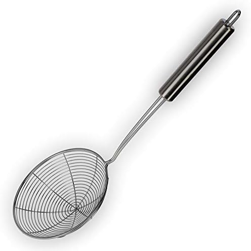 KADAX Slotted Ladle, Small Duplication, Long Handle, Straining Spoon, Slotted Spoon, Ladle, Spider Spoon, Strainer, Blanching Lifter, Skimmer Ladle, Mesh Spoon (silver, diameter 16 cm)