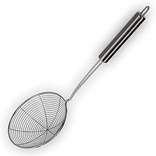KADAX Slotted Ladle, Small Duplication, Long Handle, Straining Spoon, Slotted Spoon, Ladle, Spider Spoon, Strainer, Blanching Lifter, Skimmer Ladle, Mesh Spoon (silver, diameter 16 cm)