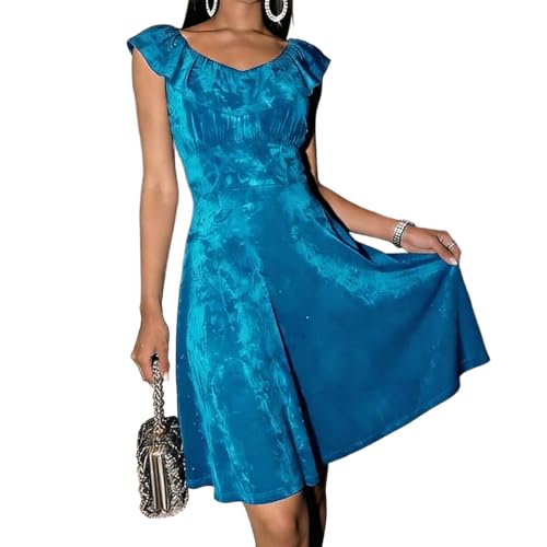 Women Elegant Bodycon Midi Dress V Neck Sleeveless Cocktail Party Dress Vintage Ruffled Hem Fashion Spring Clothes S-2XL Blue