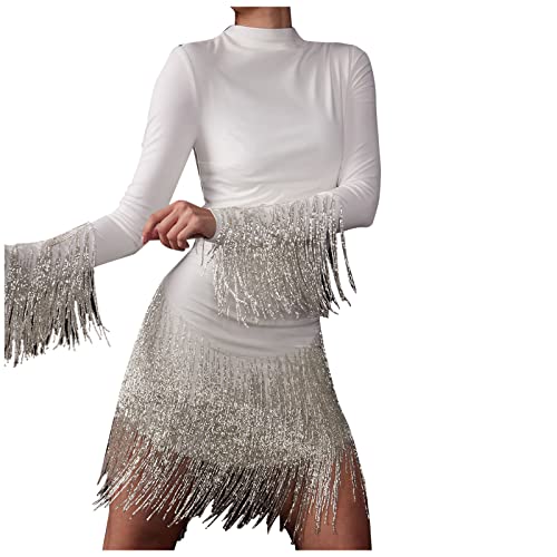 Borla vestido de purpurina vestido de baile latino mujer vestido de salón de baile manga larga vestido midi falda envolvente lentejuelas vestido de baile rumba tango vestido latino fiesta cóctel