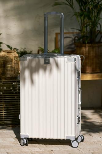 HotWay 20 Inch Aluminum Frame Carry On Luggage with Spinner Wheels, PC Hard Shell Suitcase with Cup Holder, Zipperless Luggage for Business Travel, White2