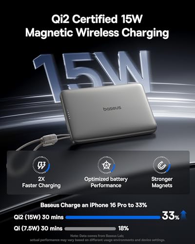 Image of Baseus Picogo Qi2 15W Magsafe Portable Charger, 0.5 inch Ultra Slim 10000mAh Wireless Power Bank with 27W Built-in USB-C Cable, Magnetic Battery Pack for iPhone 17 Pro Max /17 Pro /Air /16 /15 /14 /13 /12