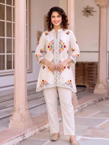 Image of ANNI Designer Women Kurta Set | Cotton Embroidered A-Line Kurta with Pant Co-ord Set | 3 /4 Sleeve Mandarin Collar Kurti Set for Women | Daily Office Party Wedding Ethnic Suit