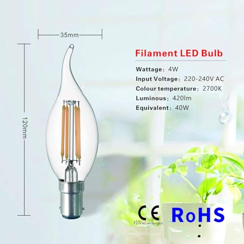 SD LUX E14 LED Bulbs Candle Vintage Filament Led Light Bulbs,CA35 Small Screw Flame No Flicker Edison Screw LED Bulbs - 4W (40W Equivalent) 420LM Warm White 2700K,Non-dimmable 6 Packs
