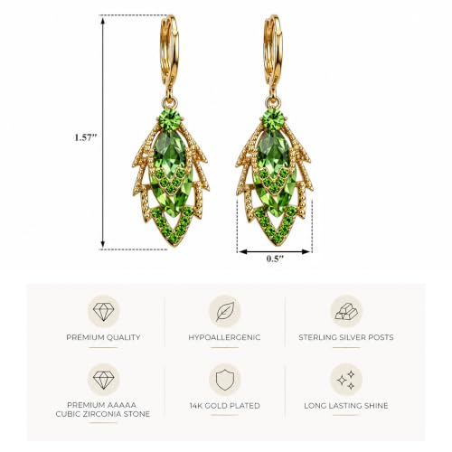 HEFEIYU 14K Gold Plated Dangle Drop Earrings, Hypoallergenic Cubic Zirconia Crystal Teardrop Leaf & Feather Earrings, Vintage Long Linear Threader Chandelier Statement Jewelry for Women Wedding Party Gifts (Green) - image 2