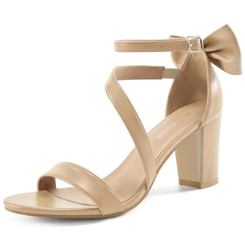 Reimferce Chunky Heels for Women Wedding: Beige 8 Comfortable Ladies Bow Heel Sandals for Prom Party - Bridal Dressy Walking Shoes