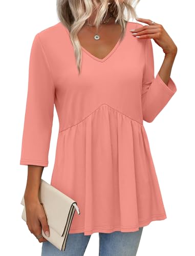 Image of OFEEFAN 3 /4 Length Sleeve Womens Tops 2026 Blouses for Women Dressy Casual Fashion Clothing V Neck Babydoll Tops Fall Outfits