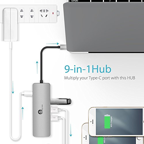 1byone USB C Hub USB C Adapter 9 in 1 with USB-C Charging, Port of Mic/Audio, 3 USB 3.0 Ports, HDMI, SD, Micro SD Compatible for MacBook Pro, Surface Pro,Notebook PC, USB Flash Drives and More - Thumbnail 4
