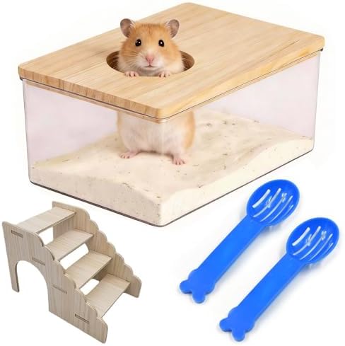 Bañera de Hámster, Baño para Hámster con Escalera y 2 Palas, 18,5 x 12,5 x 8,5 cm Bañera Arena Transparente, Adecuado para Animales Pequeños como Jerbos, Ratones, Lemmings y Ratones Enanos