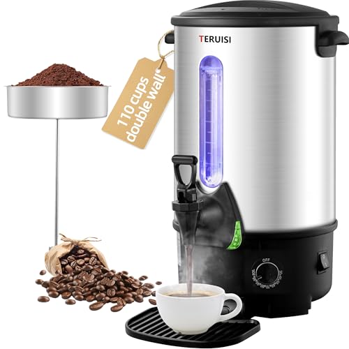 TERUISI Commercial Coffee Urn, 110 Cup 1300W Hot Water Urn, 16L Large Coffee Maker, Dual Wall Stainless Steel Pot Hot Beverage Dispenser with Filter Basket & Temp Control for Catering, Business, Party