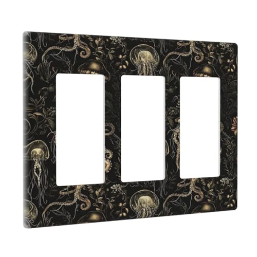 Decorative Outlet Covers Black Gold Jellyfish Squid Deep Sea Creatures 3 Gang Outlet Cover Wall Plate Triple Rocker Light Switch Cover Plate Switch Plate Covers for Bedroom Home Decor