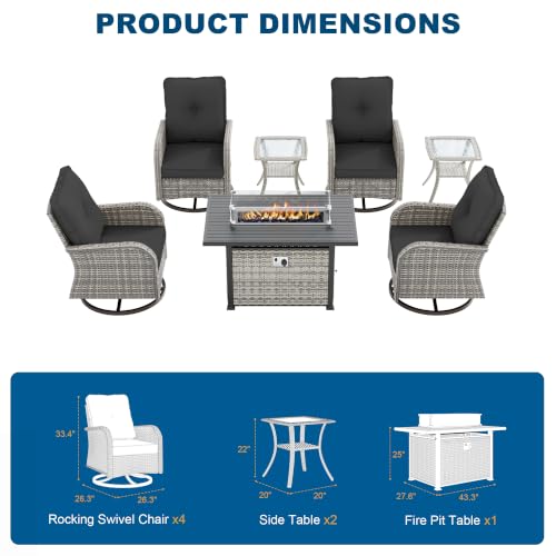 Image of 7-Piece Small Patio Furniture Set, Outdoor Swivel Rocking Chairs Set with 55,000 BTU Fire Pit Table Wicker Chairs and Tempered Glass Side Table, Patio Bistro Set for Balcony, Deck, Porch