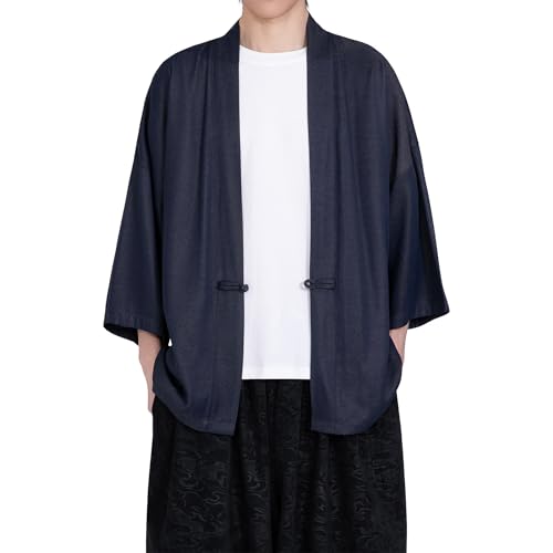 Image of PRIJOUHE Men's Kimono Jackets Cardigan Casual Cotton Blends Linen Seven Sleeve Open Front Embroidery Coat