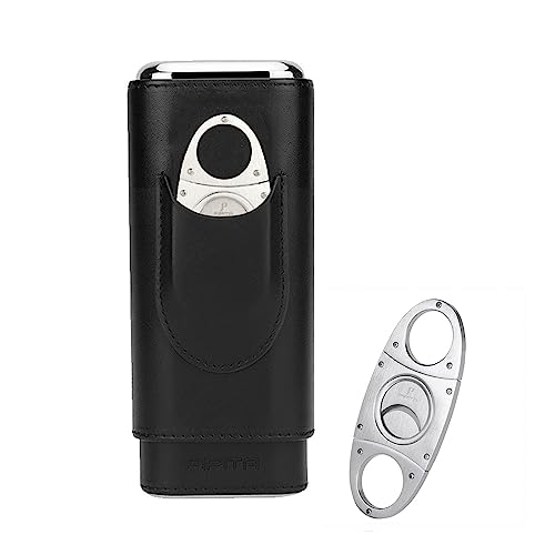 PIPITA Estuche para cigarros portátil de Viaje 3 Tubos Humidor de cigarros de Cuero Elegante con Cortador de cigarros de Acero Inoxidable de Alta Gama Bolsa de Regalo portátil(Negro)