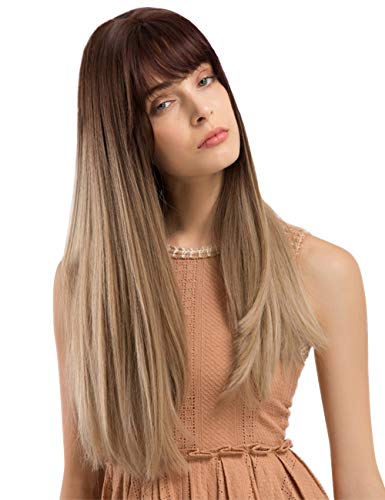 TopWigy Women Brunette Wig Long Straight Synthetic Wigs with Bangs Ombre Brown Natural Look Realistic Wig 24 Inches