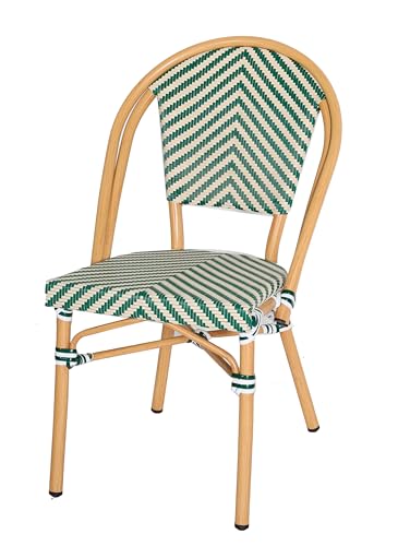 EME Silla Bistró París Color Verde de Estilo Parisino con un diseño trenzado de espiga. Sillas de terraza apilables con estructura de aluminio y asiento de textilene. Ideales para el uso en hostelería