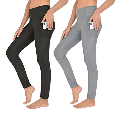 FULL TIME SPORTS® Damen Leggings mit hoher Taille und 2 Seiten- und 5 Taillentaschen Bauchkontrolle Polyester Stretchy Hose für Fitnessstudio und Yoga 2er Pack (Schwarz-Schiefer Grau, Medium) Cover