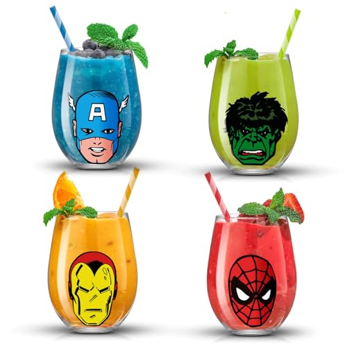 JoyJolt Marvel Heroes Stemless Drinking Glasses, 19oz Superhero Cups ft Hulk Captain America Spiderman and Iron Man, Avengers Glassware Set of 4, Marvel Gifts for Men and Women