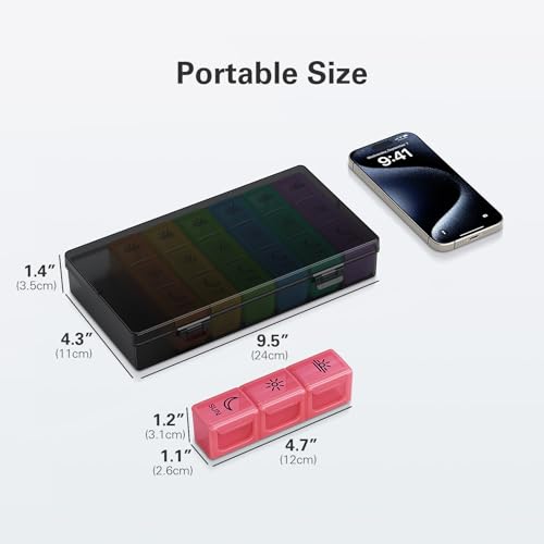 Image of BUG HULL Pill Organizer 3 Times a Day, Large Weekly Medicine Pill Organizer 3X a Day, 7 Day Pill Box Cases Morning Noon Evening for Vitamin, Cod-Liver Oil, Supplements (Rainbow Black)