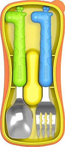 Edison Kids Flat Edge Spoon & Grooved Fork Set with Case (Kids, Giraffe Green/Blue Set)