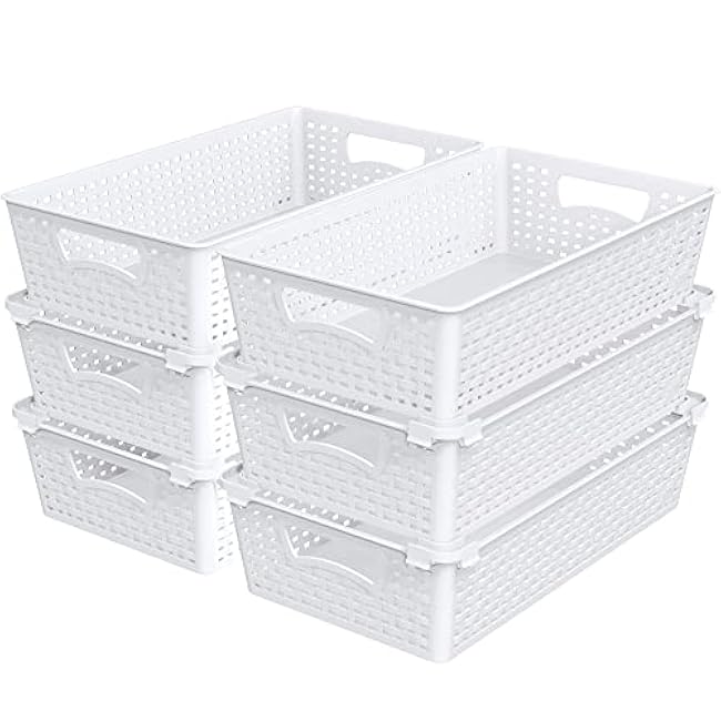 Simple Houseware Plastic Stackable Storage Basket Pantry Organizer, 6 Pack, 14.5 x 8.5 x 3.5, White