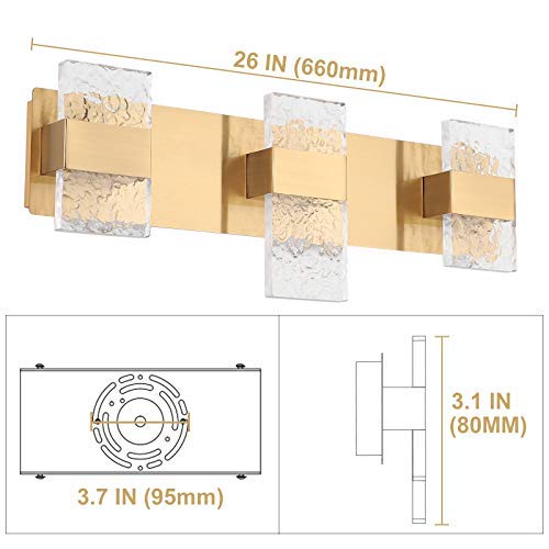 Dailyart Bathroom Vanity Lights Fixtures 3 Light Modern Bathroom Lighting Fixtures Over Mirror 26 Inch 18W Led Vanity Light Luxury Led Light Wall Bathroom Gold Brass Cool White 6000k