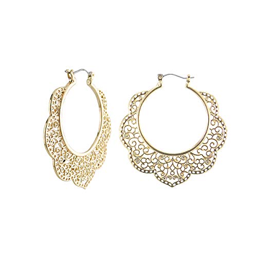 Bohemian Boho Filigree Hoop Earrings for Women – Intricate & Delicate Cutout Design Details – Tribal Floral Gypsy Lightweight Geometric Metallic Statement Earrings