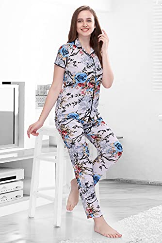 Image of Printed Night Suit for Women - Leopard Print Satin Shirt and Pyjama Set (Front Open Collar Night Suit)