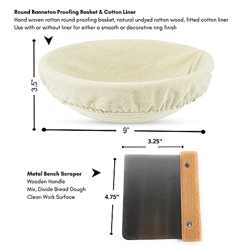 Home Artisan Bread Making Kit Round- 9 Inch Round Banneton Bread Proofing Basket Cloth Liner, Bread Lame, Dough Scrapers, Bread Whisk Bread Bags Kraft Tags, B/W Bakers Twine Gift Box Recipe Ebook #TOP2